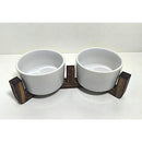 Comedouro Duplo Elevado em Madeira e Porcelana – Design Clean para Gatos e Cães de Pequeno Porte