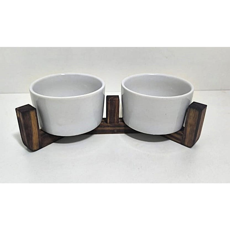 Comedouro Duplo Elevado em Madeira e Porcelana – Design Clean para Gatos e Cães de Pequeno Porte