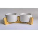 Comedouro Duplo Elevado em Madeira e Porcelana – Design Clean para Gatos e Cães de Pequeno Porte