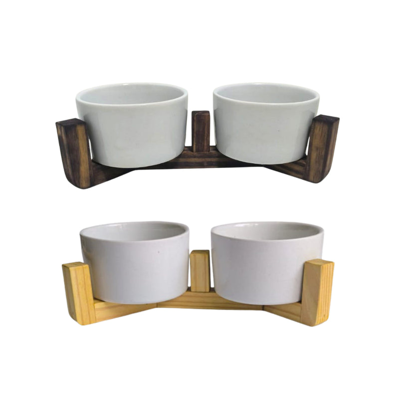 Comedouro Duplo Elevado em Madeira e Porcelana – Design Clean para Gatos e Cães de Pequeno Porte